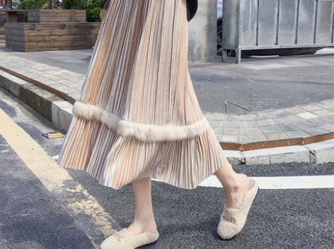 遮胯裙子女秋冬季2019新款百褶拼接兔毛大...