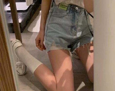 破洞牛仔短裤女 2022新款夏季高腰显瘦宽...