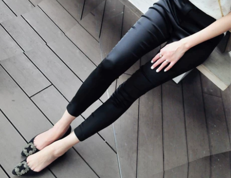 吕陈休闲裤女丝绸缎面弹力修身九分裤黑色小脚...