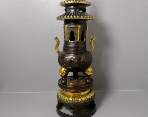 古玩铜器鎏金塔炉老货三层塔炉鎏金熏香炉摆件...