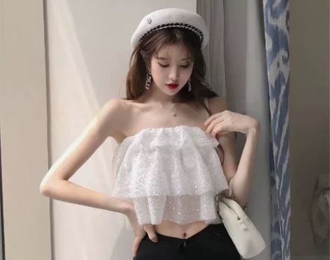 名媛性感重工荷叶边亮片百搭抹胸上衣女装夏季...