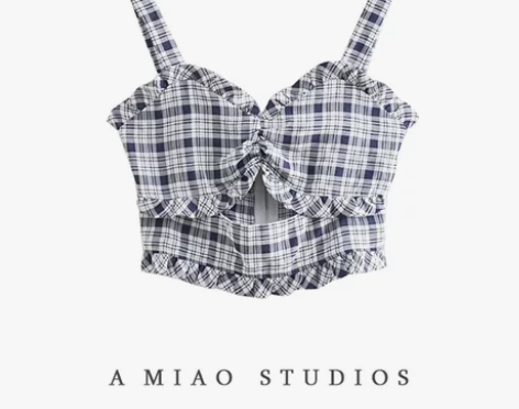 法式复古夏季新款女博主款心机镂空木耳边格纹...