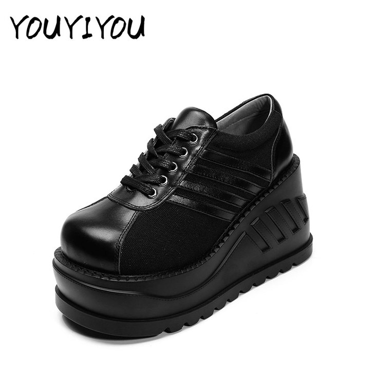 悠一悠2018日系大头女鞋真皮坡跟系带厚底...