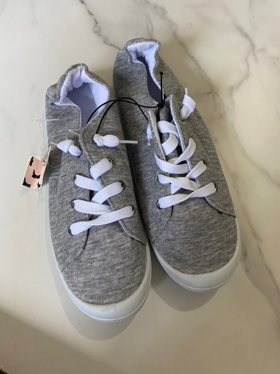 全新37码38码40码帆布鞋洋气灰色系带休...