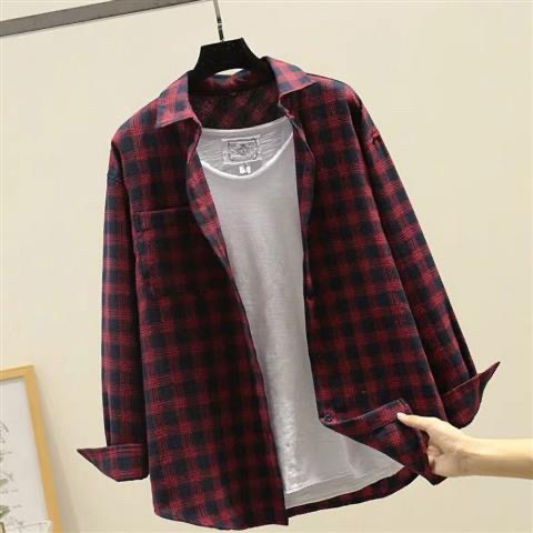 秋季新款港风格子衬衫男长袖韩版潮流宽松衬衣...