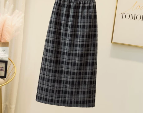 毛呢格子半身裙 新款高腰复古格子开叉 均码...