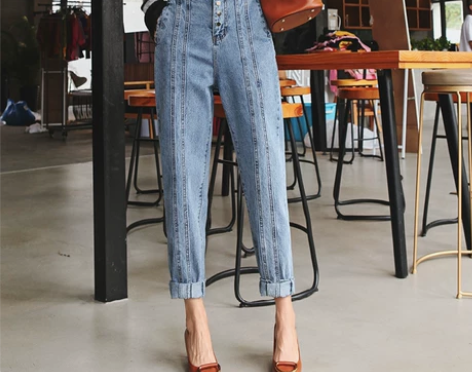高腰牛仔裤女秋宽松2018新款网红哈伦九分...