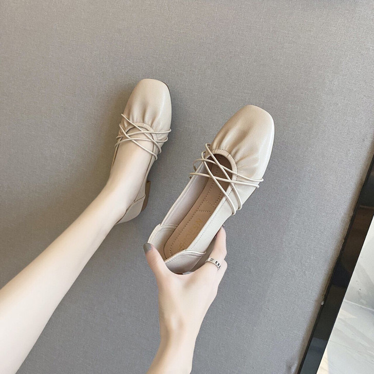 羊皮软底豆豆鞋女单鞋四季百搭低跟粗跟工作鞋...