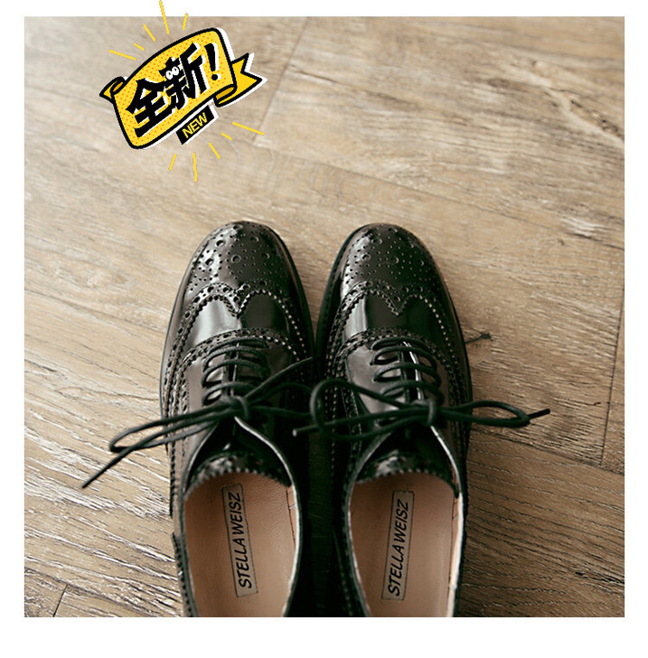 英伦布洛克学院风格复古擦色真皮女鞋平跟系带...