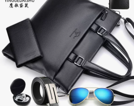 新款袋鼠真皮质感男包公文包男士包包商务手提...