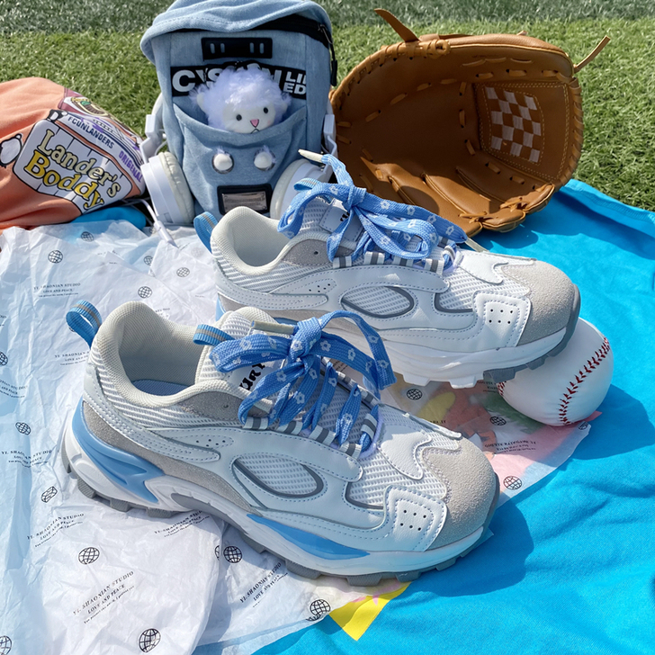 国产夏季限定蓝色樱花老爹鞋2021年新款学...