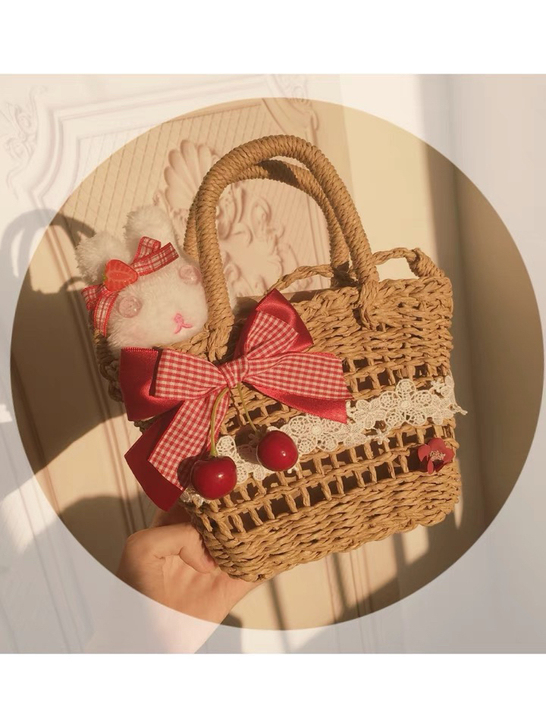 原创自制Lolita元素藤包玩偶兔篮子手提...