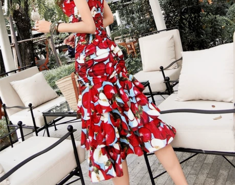 【地球店】V领收腰显瘦碎花连衣裙高腰修身荷...