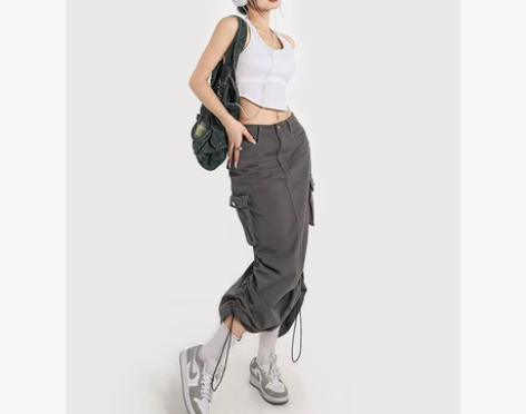 周小熊灰色抽绳工装风口袋显瘦半身裙开叉中长...