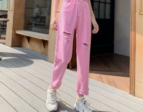 粉色破洞哈伦牛仔裤女2021年新款夏季高腰...