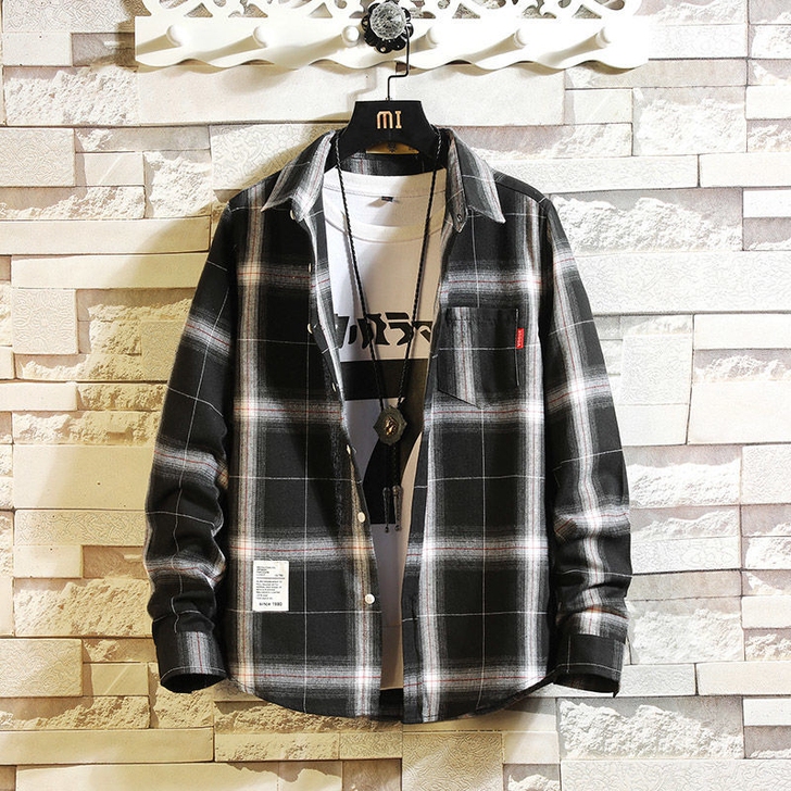 100%纯棉格子衬衫男士长袖外套春秋上衣服...
