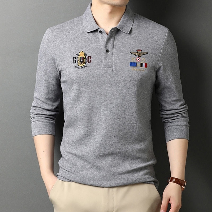 高质量男士POLO衫长袖T恤翻领春秋季刺绣...