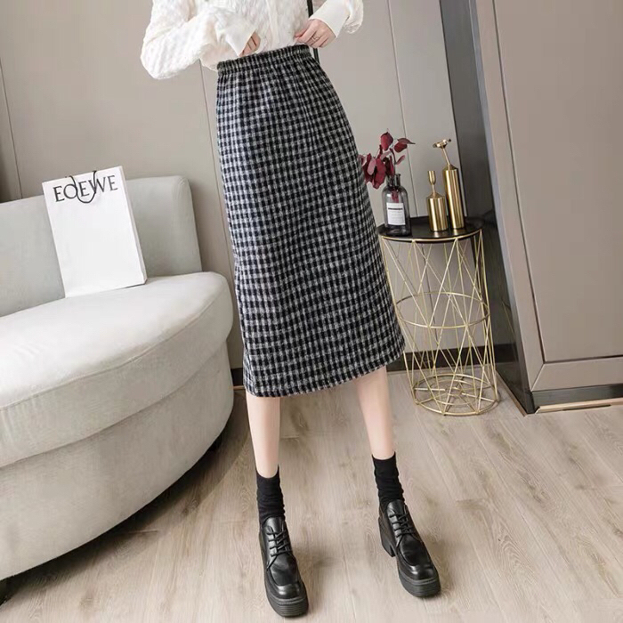 全新开叉毛呢半身裙长裙2021新款秋季女装...