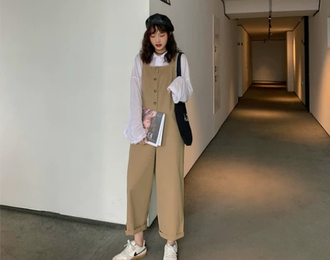 卡其色裤子高腰工装阔腿背带裤女2019新款...