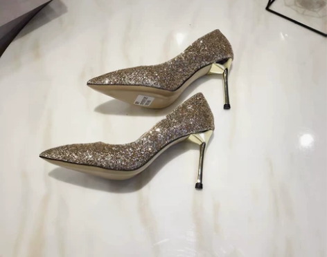 鞋2022春新裸色亮片拼色高跟鞋尖头细跟浅...