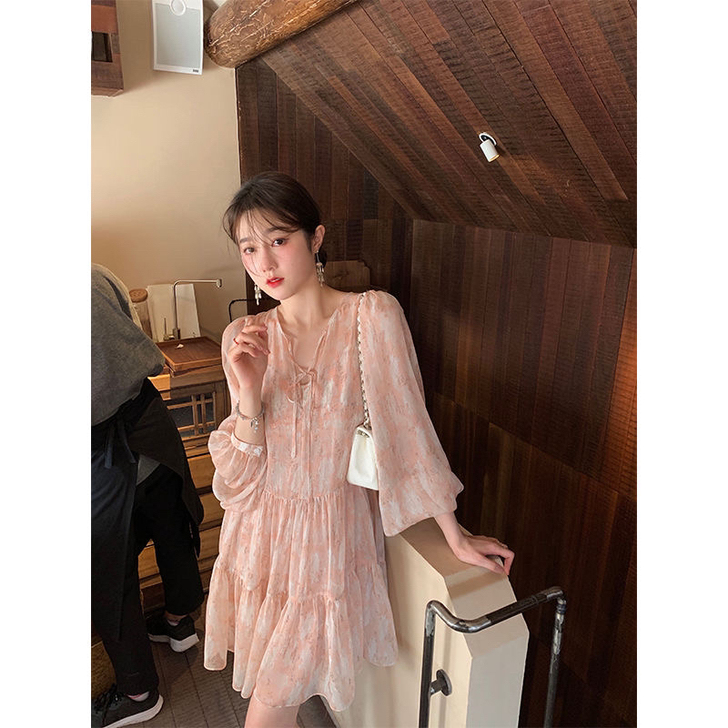 全新兰曼芯温柔甜妹豹纹法式气质仙女薄款连衣...