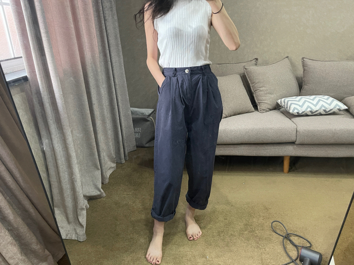 藏蓝色九分裤女 高腰