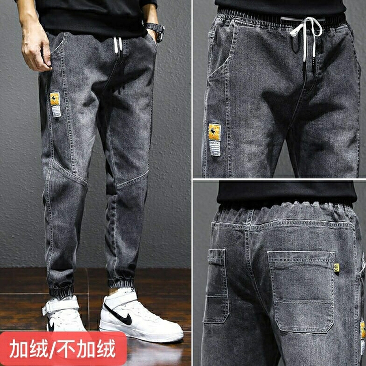 新款哈伦裤男士束脚牛仔裤休闲裤加绒长裤工装...