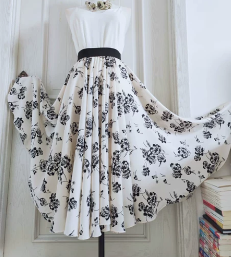 720度大摆裙中长款半身裙缎面雪纺印花大摆...