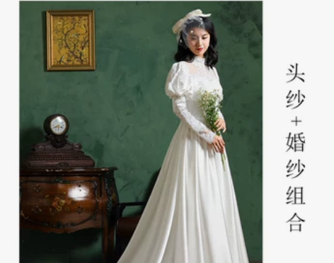 复古港风民国风秋冬长袖古董轻婚纱写真旅拍婚...