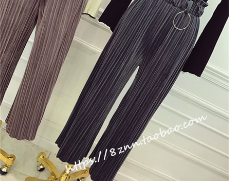 秋装韩版新款纯色百褶宽松长裤女松紧腰时尚直...