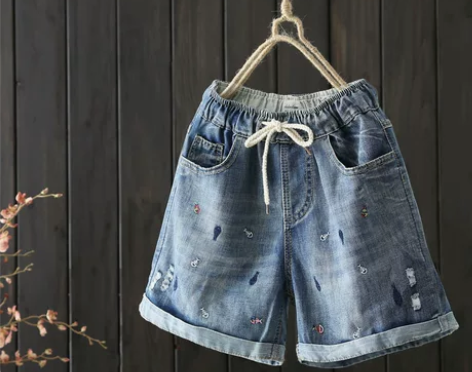 ?秋系原创文艺刺绣破洞做旧牛仔短裤女夏装新...