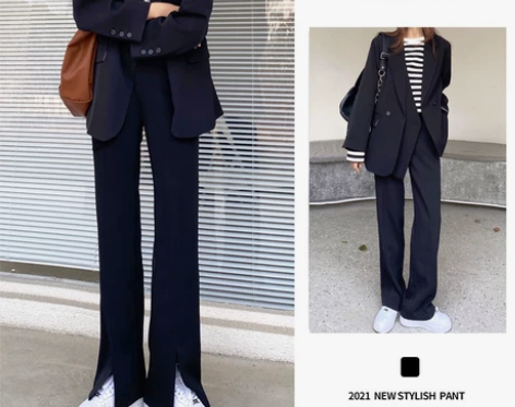 黑色西装直筒开叉阔腿裤女春夏高腰宽松小个子...