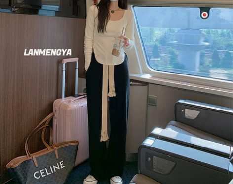 抽绳运动裤子女高腰宽松直筒休闲卫裤垂感拖地...