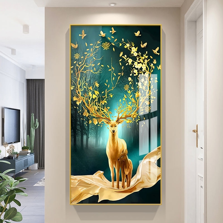 入户玄关画竖版晶瓷画北欧轻奢挂画麋鹿九鱼聚...