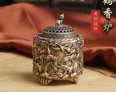 【全新未拆封包邮】纯黄铜做旧仙鹤檀香熏香炉...