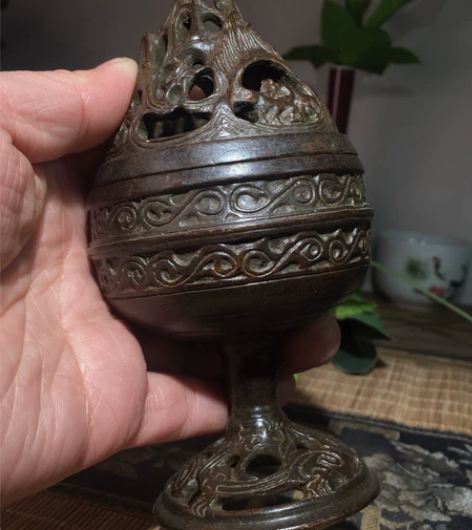 精品旧货纯铜镂空盖高脚博山炉香薰炉老铜货老...