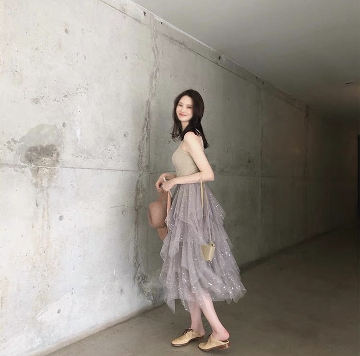 网纱半身裙雪纺蛋糕裙不规则亮闪闪高腰中长款...