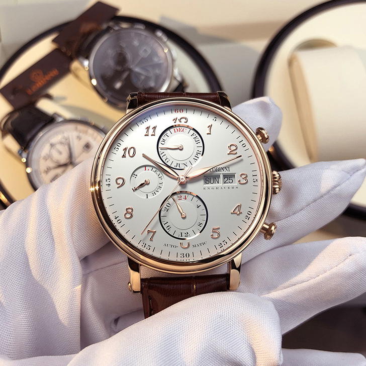 罗宾尼男士手表全自动机械表真皮带防水男表正...