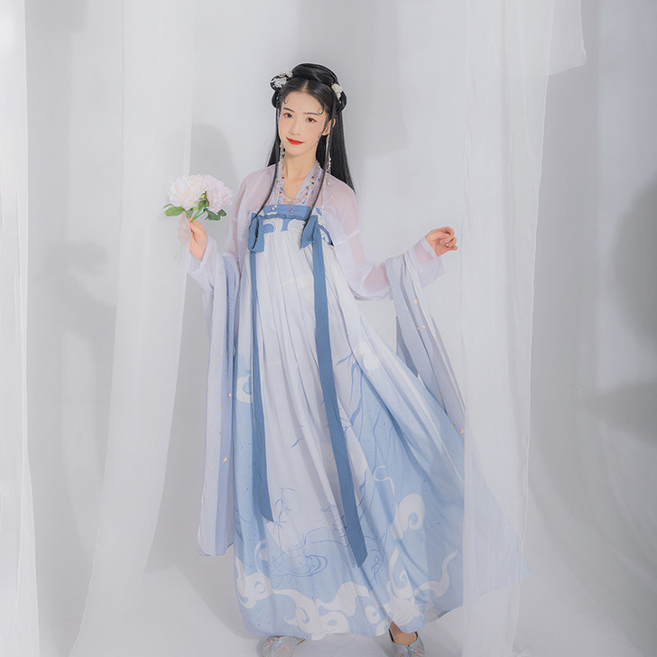 汉尚华莲原创汉服女印花对襟高腰画壁齐胸衫裙...