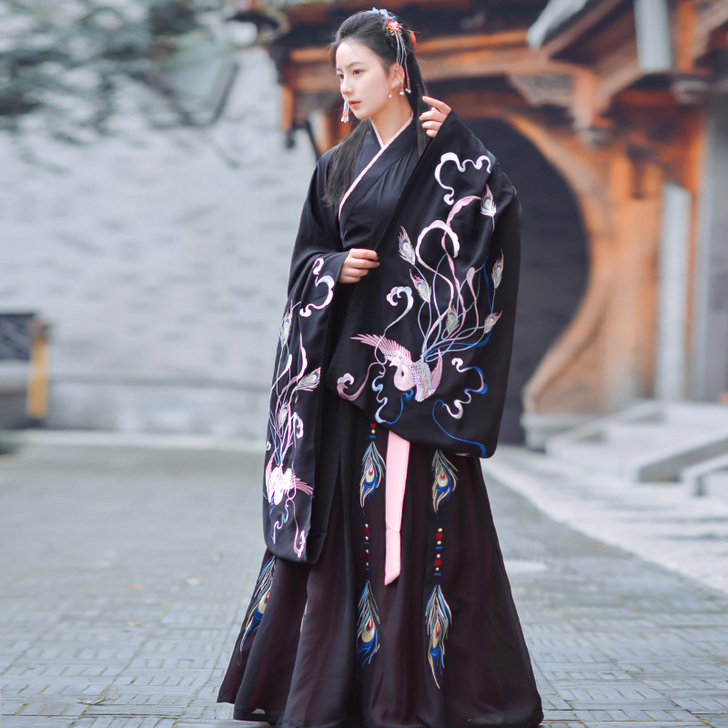 如梦霓裳春款汉服女装交领襦裙广袖翎羽孔雀绣...