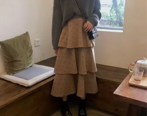 秋冬季韩版女装复古chic波点层层蛋糕裙高...