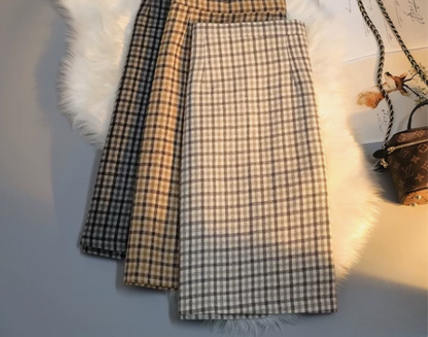 毛呢格子半身裙女2021秋冬港风中长款高腰...