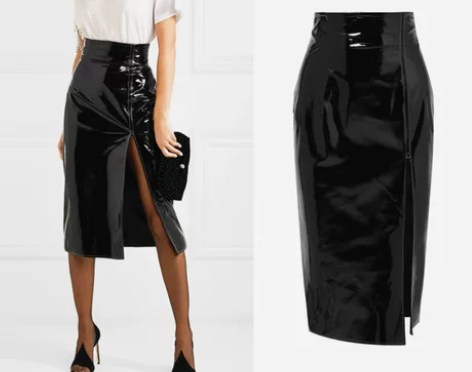 春秋欧美潮 镜面PU皮高腰修身开衩包臀中裙...