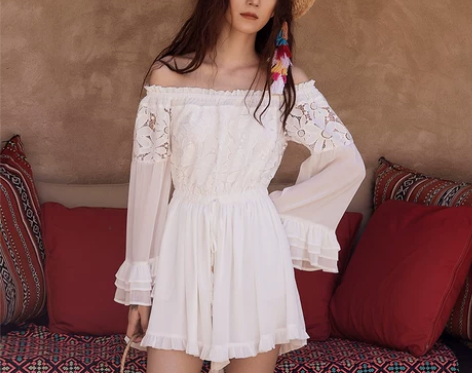 吊带白色连体裤女短春秋阔腿露背泰国连衣裤波...