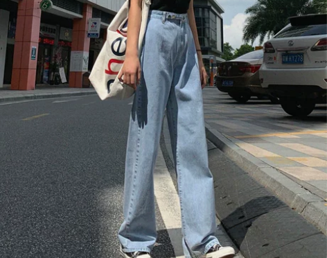 泫雅同款牛仔裤女2022新款高腰宽松阔腿坠...