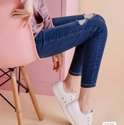 美特斯邦威破洞牛仔裤女高腰铅笔裤女160/...