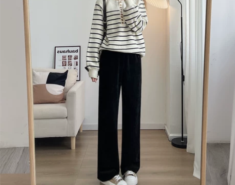 黑色雪尼尔阔腿裤女2022新款高腰宽松加绒...