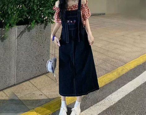 牛仔背带裙可爱女中长款小个子夏季宽松显瘦无...