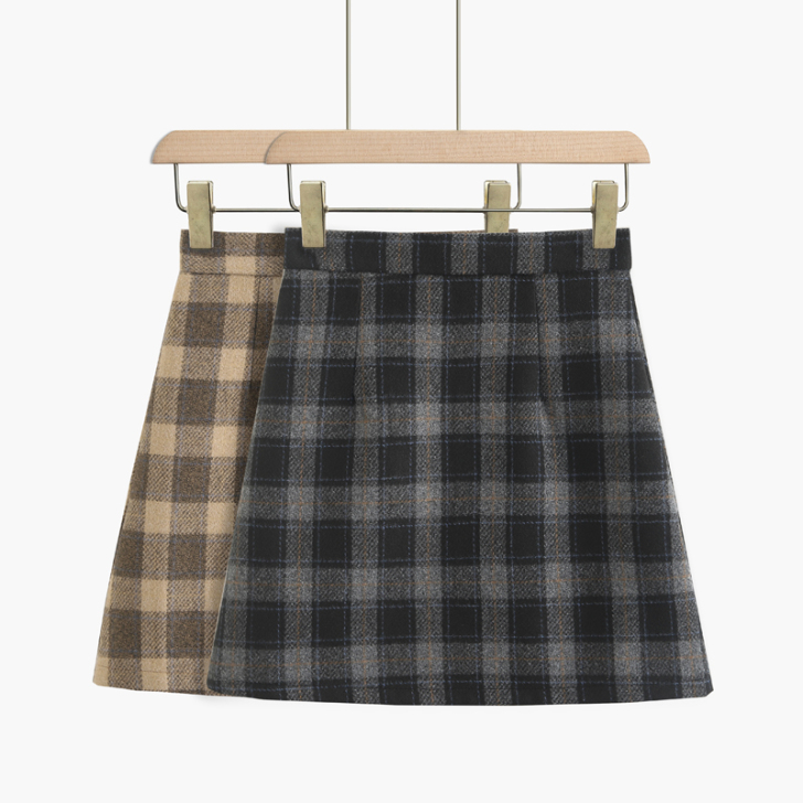 复古格子毛呢短裙女秋冬2020新款百搭高腰...