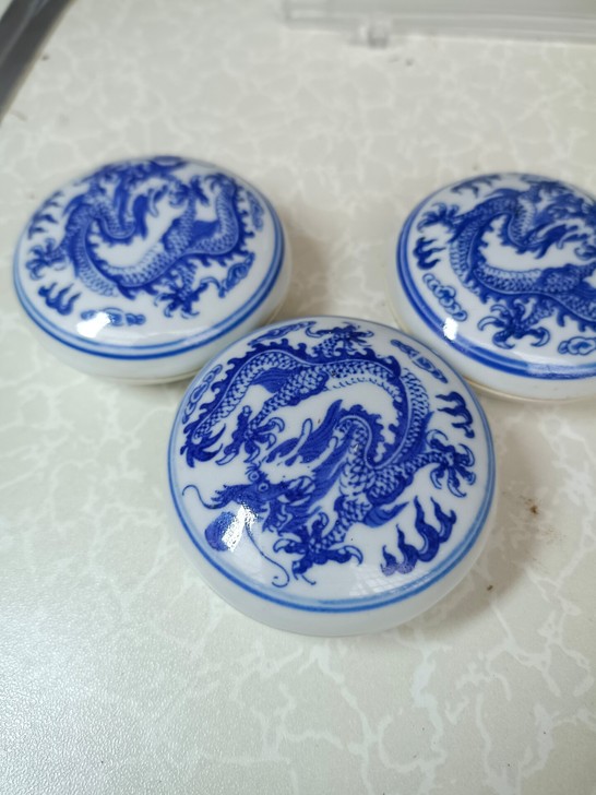 特价文房用具#青花#印泥盒#青龙戏珠80年...